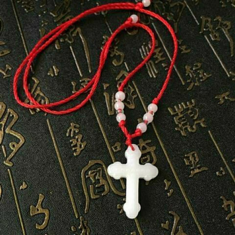 Black Rope Glass Imitation Jade Cross Pendant for Men and Women, Versatile Children's Pendant, Couple Jade Pendant Necklace