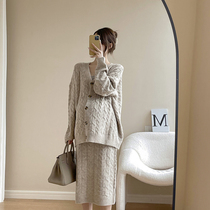 2021 Gestational Woman Dress New Autumn Winter Suit Sweater Temperament Knitted Jumpsuit Cardion Half Body Dress Two Suits Women