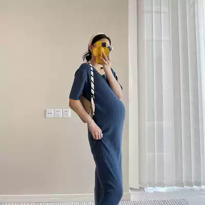 Early autumn maternity clothes Medium and long loose stretch skirt Short-sleeved blue pit knitwear sweater skirt