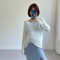 High quality spring and summer new maternity wear irregular hem ribbon knitted sweater loose design V-neck top for women