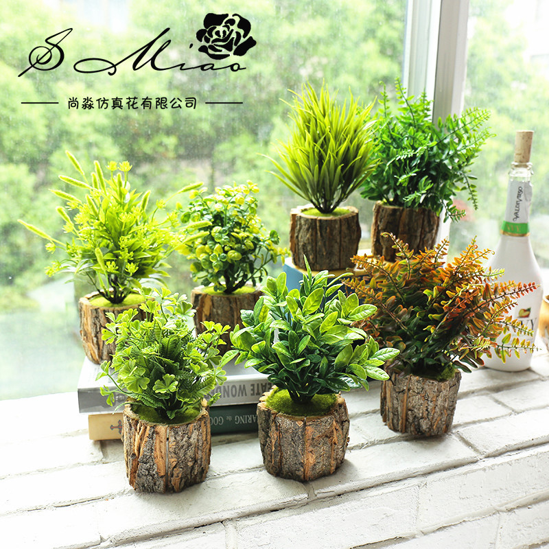 Fake Flowers, Wooden Flower Pots, Simulated Plants, Small Bonsai, Creative Decorative Ornaments, Artificial Flower Pots, Simulated Green Plants
