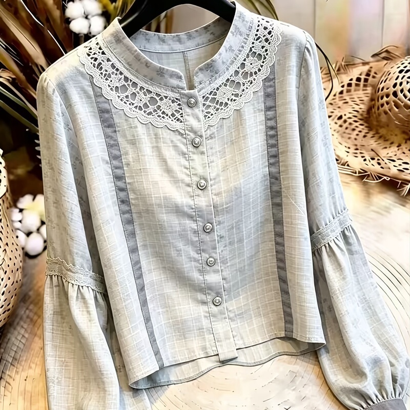 Simple Style Lace-Trimmed Shirt for Women, Stylish and Casual with Puff Sleeves, Striped Versatile Elegant Workwear Top Simple Style Lace-Trimmed Shirt for Women, Stylish and Casual with Puff Sleeves, Striped Versatile Elegant Workwear Top