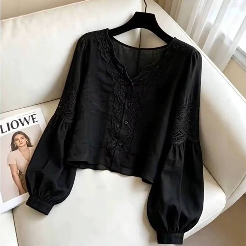 Black Lace Patchwork Shirt for Women, 2026 Summer New Style, Elegant Long-Sleeve Loose Slimming Top, Sun-Protective Trendy Blouse