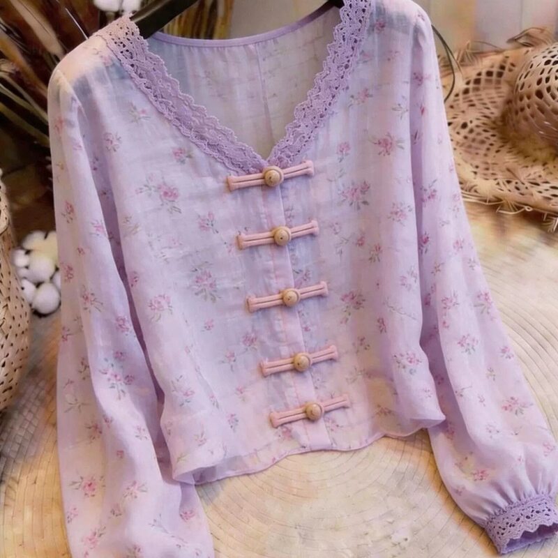 Korean-Style Gentle Style Purple Floral V-Neck Buttoned Long-Sleeved Top for Women 2026 Summer New Lace-Trimmed Shirt