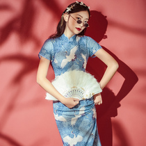 Yihong Yan Bi * Night crane Chiffon printing modified cheongsam Chinese style women retro elegant autumn