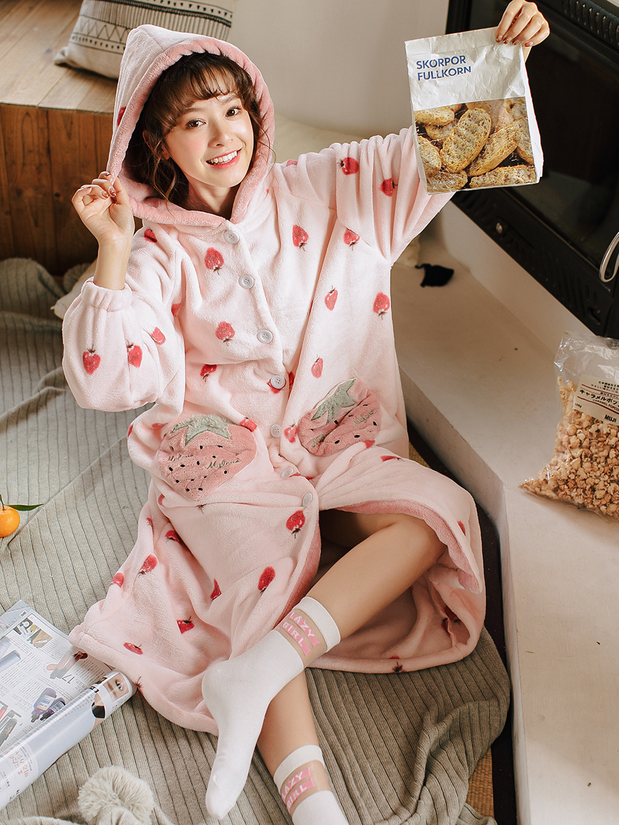 Coral fleece pajamas women's autumn and winter thickened warm long nightgown women's winter Korean version sweet and lovely flannel home service