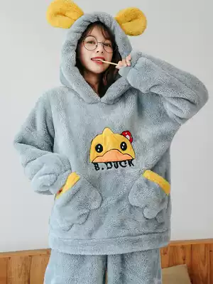 Coral velvet pajamas women's winter thickened Korean version of sweet and cute student hooded flannel autumn and winter home service suit