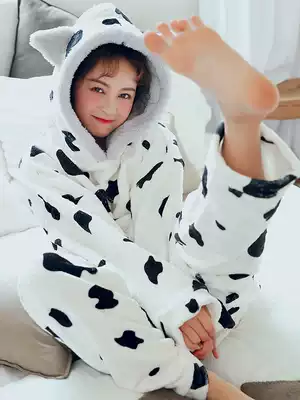 Pajamas female autumn and winter thickened warm coral velvet Korean sweet cute cow winter flannel home suit