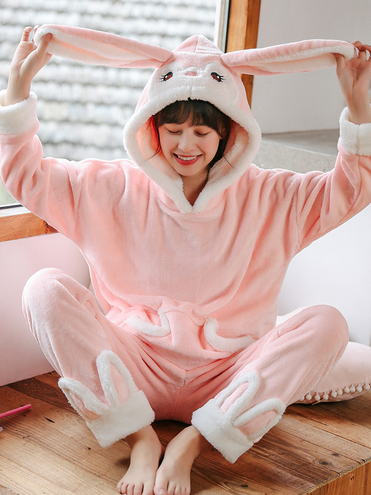 Autumn and winter coral velvet pajamas Women's winter thickened velvet warm flannel Korean version of cartoon cute home suit suit