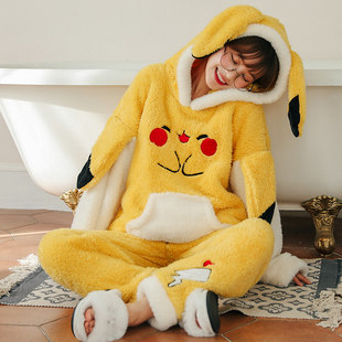 Coral velvet pajamas for women in autumn and winter thickened plush home clothes long sleeve Korean style cute cartoon spring and autumn flannel suit