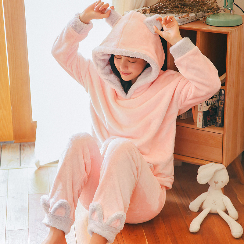 Coral velvet pajamas female autumn long sleeves thickened warmth flannel winter Korean edition sweet cute home suit