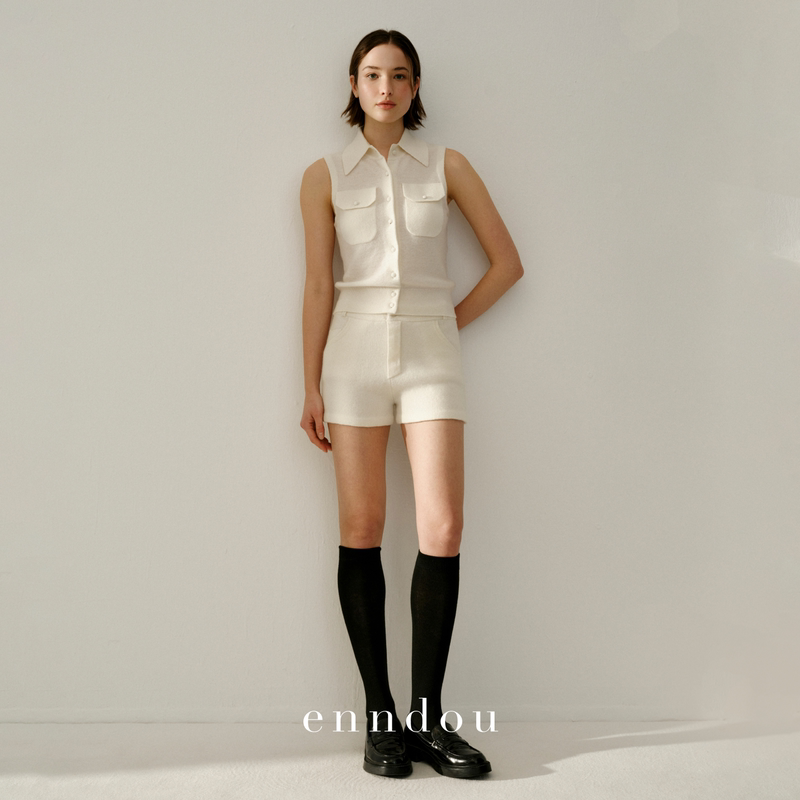 Enndou2026 Spring New Collection 100% Cashmere Lapel Double Pocket Sleeveless Top Original Casual Knitwear