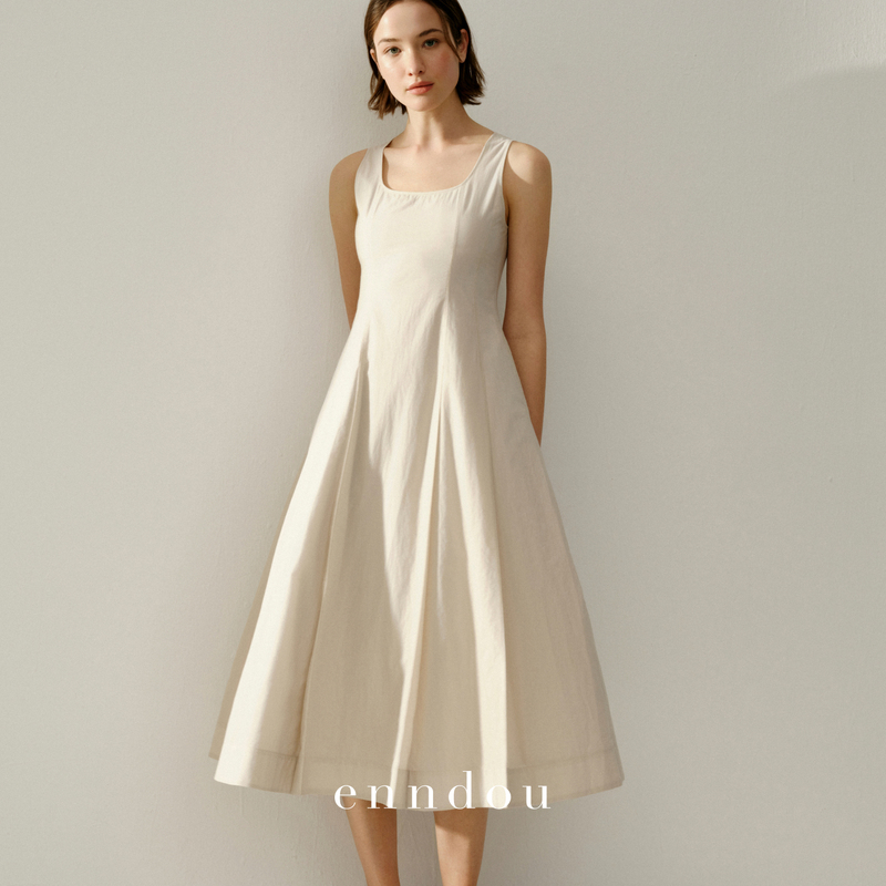 Enndou【New on 4/23 10:00】Simple U-Neck Long Dress Made of Pima Cotton, Solid Color Casual Dress for Women