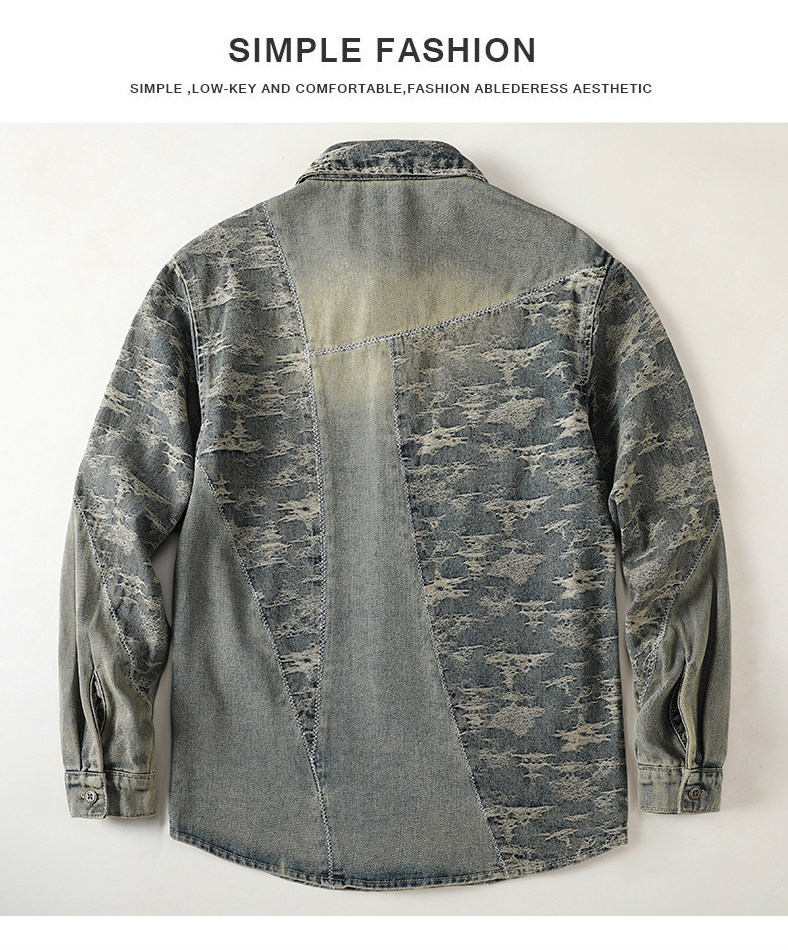 Джинсовая рубашка 牛仔衬衫男士2025秋冬新款高端提花复古水洗翻领休闲长袖衬衣外套