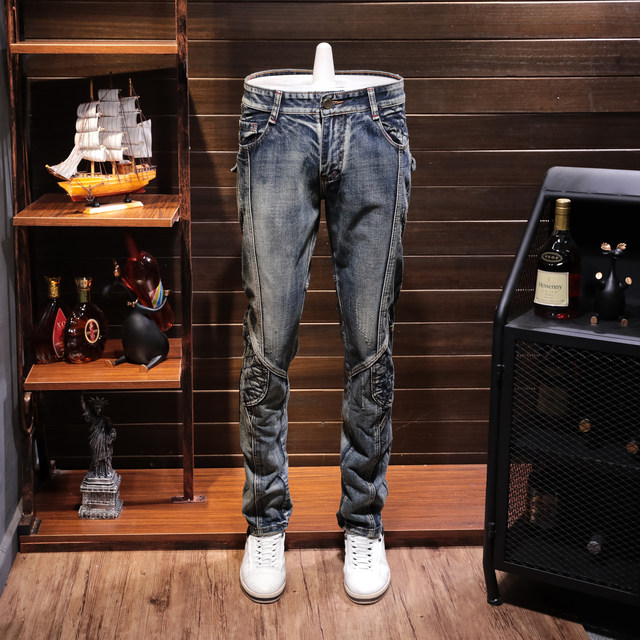 Ins super popular trousers men's spring and autumn retro stitching jeans men's slim-fit straight tube European station personality trousers tide