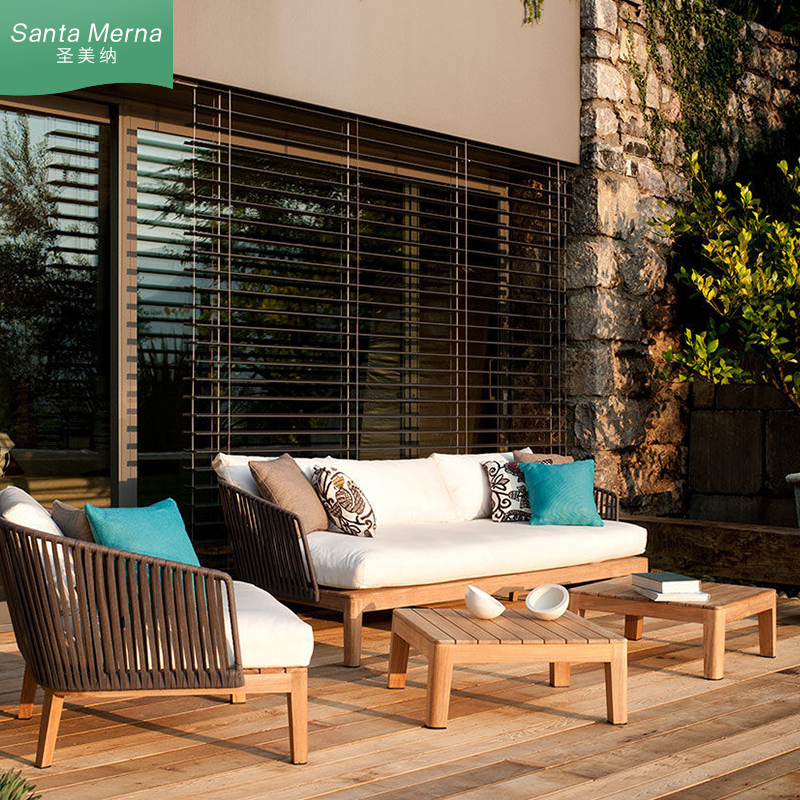 Outdoor sofa open-air teak rattan sofa courtyard combination outdoor balcony leisure solid wood rattan sofa furniture