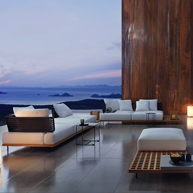 Outdoor teak solid wood sofa courtyard open air hotel garden villa kaza rattan woven corner sofa waterproof sun protection