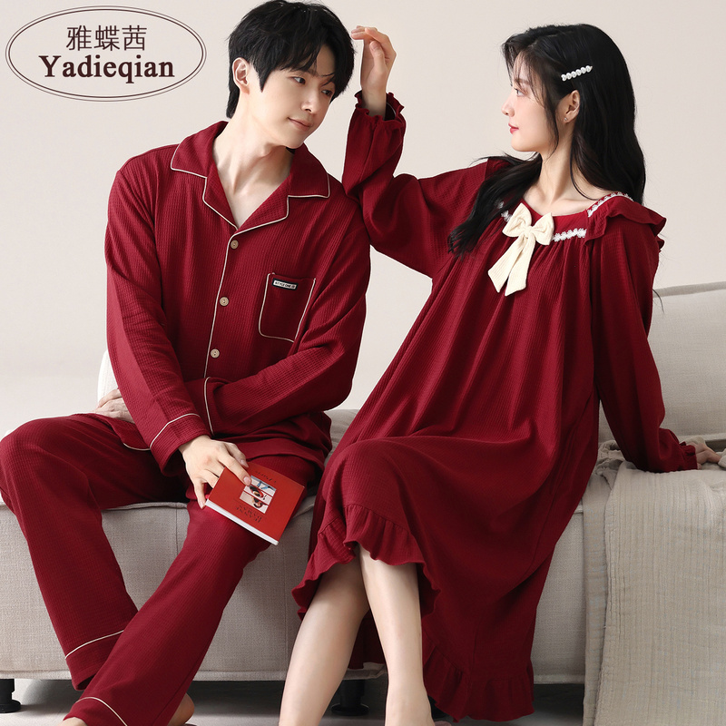 Pure Cotton Couple Pajamas, Spring and Autumn Long-Sleeved Nightgown, Wedding Red Home Clothes, Winter Groom and Bride Set Pure Cotton Couple Pajamas, Spring and Autumn Long-Sleeved Nightgown, Wedding Red Home Clothes, Winter Groom and Bride Set