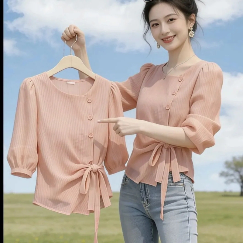 Irregular Lace-Up Striped Shirt for Women 2026 Spring and Summer New Style Fashionable High-End Stylish Super Nice Top Irregular Lace-Up Striped Shirt for Women 2026 Spring and Summer New Style Fashionable High-End Stylish Super Nice Top