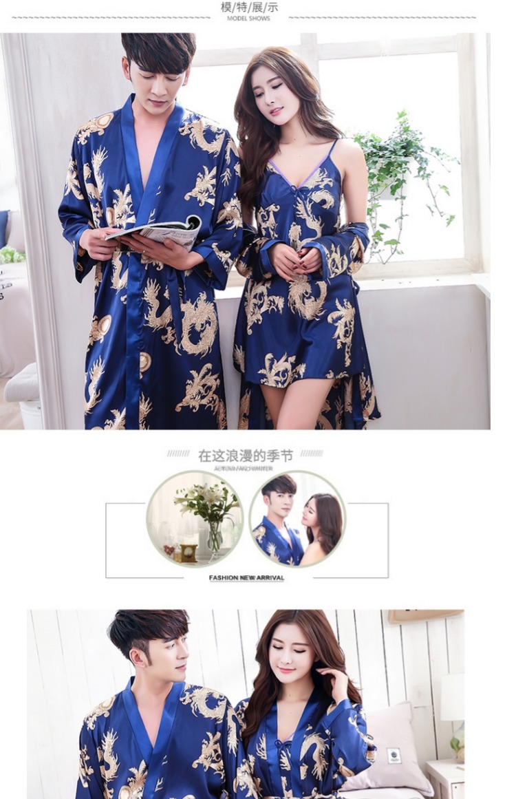 Áo ngủ lụa nam mùa hè đồ ngủ mỏng của phụ nữ váy ngủ băng lụa mùa xuân mùa thu áo choàng tắm gợi cảm váy ngủ nam mùa đông