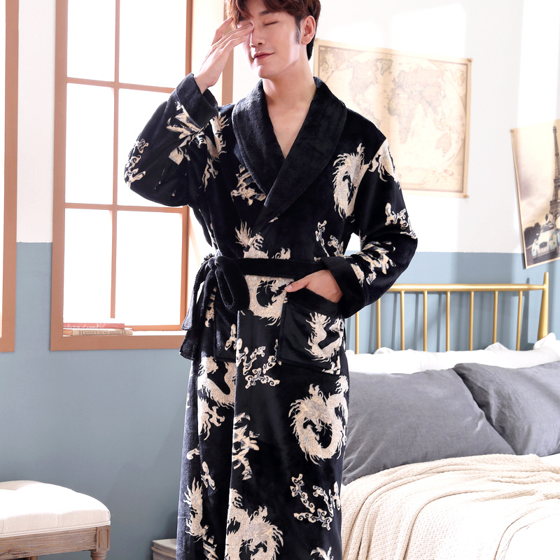 Flannel Nightgown, Men's Pajamas, Women's Couple's Bathrobe, Long Autumn and Winter Dragon Robe, Thickened Coral Velvet Home Clothes, Bathrobe Flannel Nightgown, Men's Pajamas, Women's Couple's Bathrobe, Long Autumn and Winter Dragon Robe, Thickened Coral Velvet Home Clothes, Bathrobe