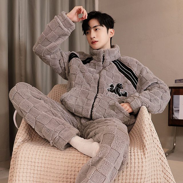 Pajamas for men in winter, thickened coral velvet, warm autumn and winter flannel men's home clothes, spring and autumn suits