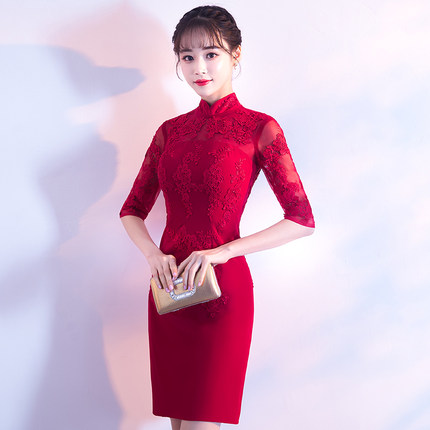 中式敬酒服新娘夏季2018新款红色短款鱼尾结