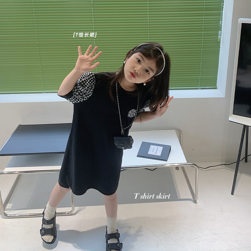 Salted egg small shrimp girls plaid stitching camellia T-shirt children's summer clothing children's cotton short-sleeved dress - Taobao