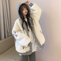Polar fleece jacket womens small new Korean version of Joker thick lamb plush fake two stitching loose top