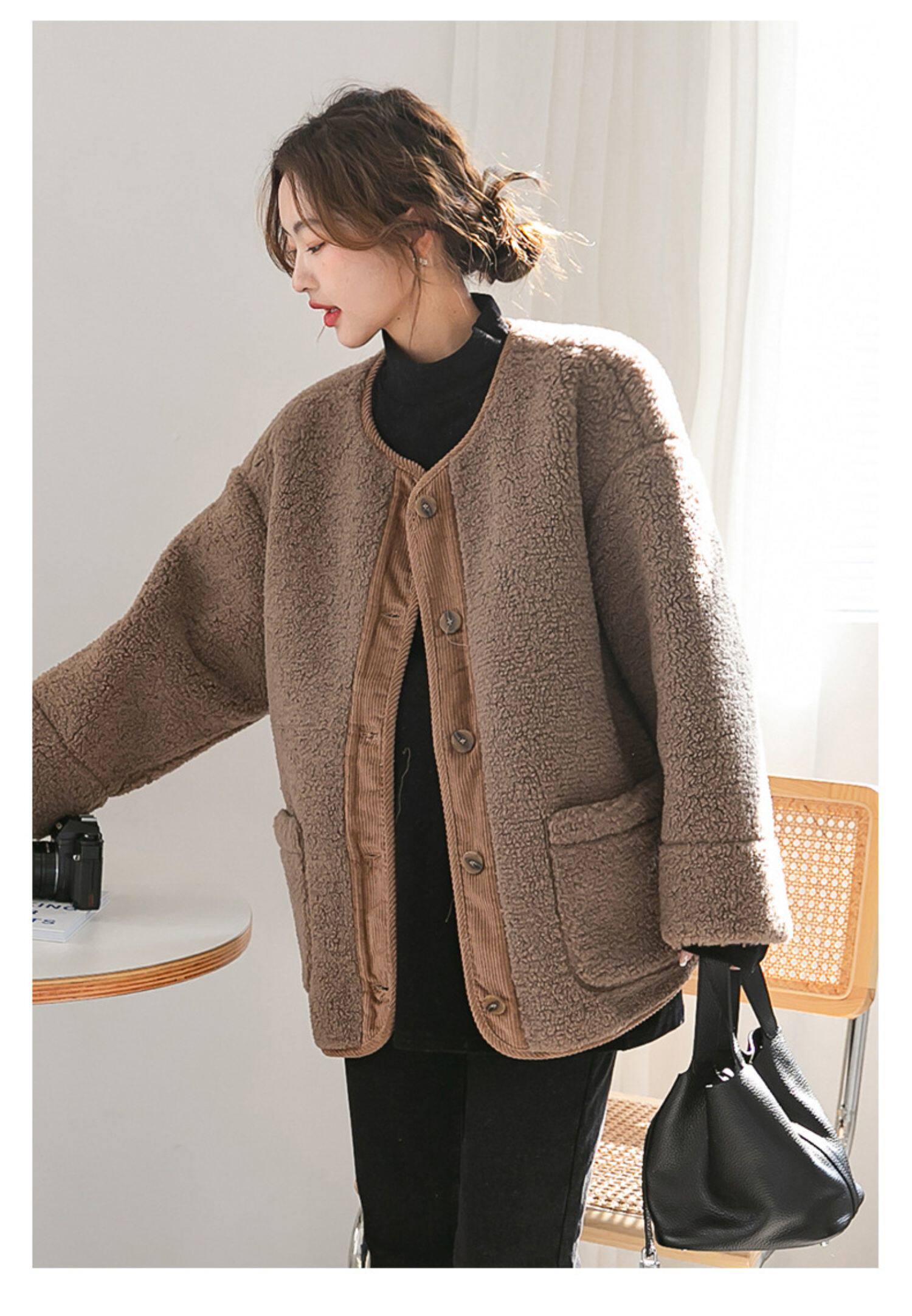 Пальто для беременных 孕妇装秋冬新款宽松大码遮肚显瘦无领羊羔毛保暖外套