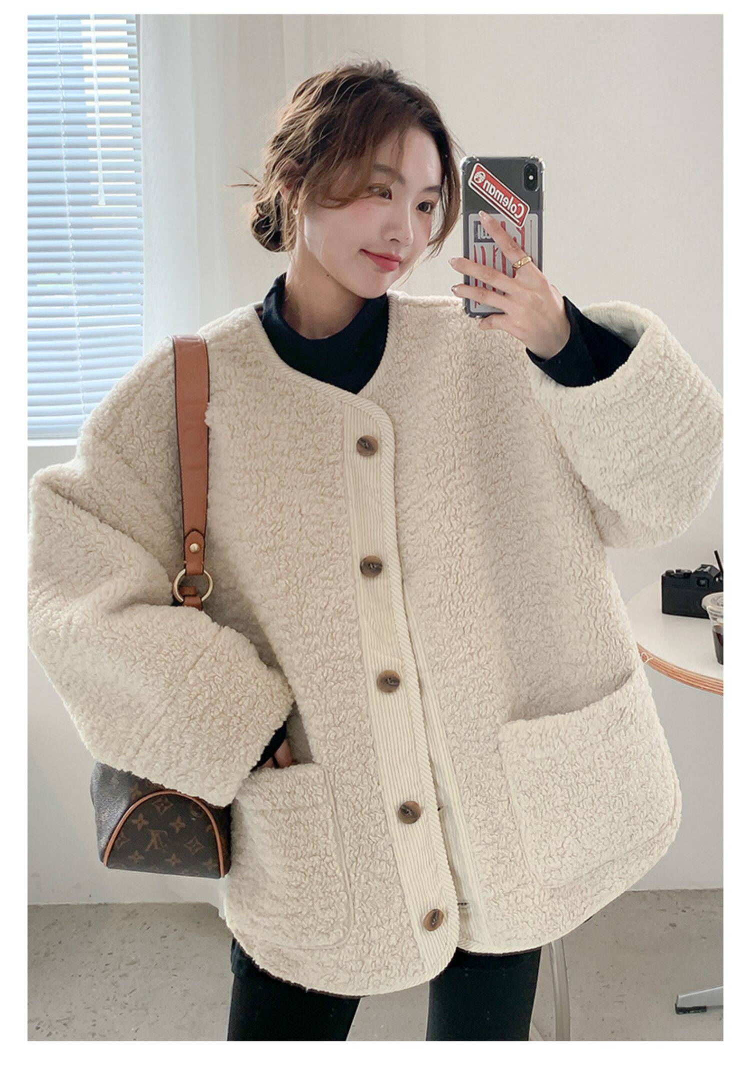 Пальто для беременных 孕妇装秋冬新款宽松大码遮肚显瘦无领羊羔毛保暖外套