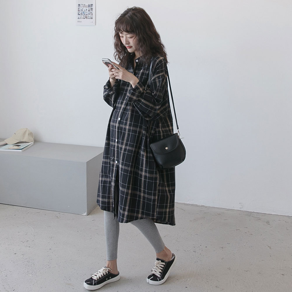 Maternity dress spring and autumn dress mid-length trendy mother pure cotton fashion plaid shirt jacket loose Korean version