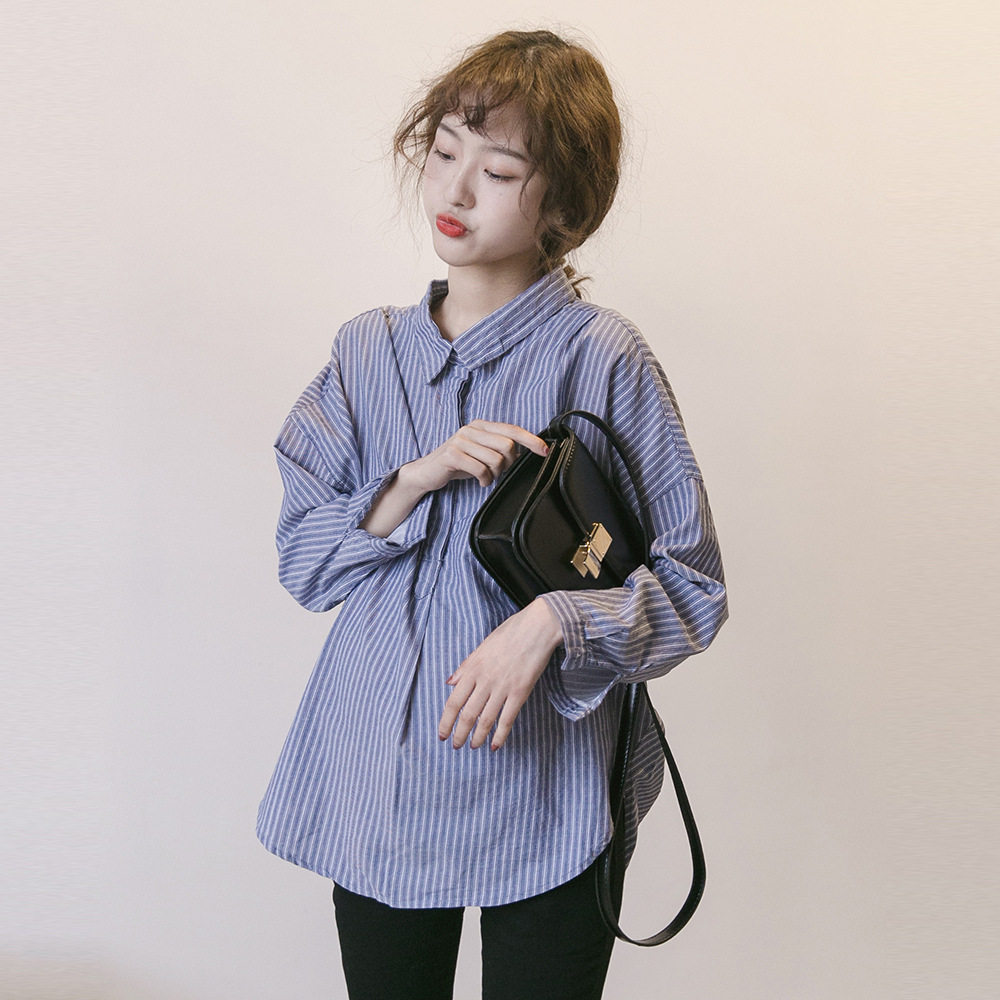 Pregnant Woman Spring Clothing Pure Cotton Korean Version Long Sleeve Fall Outside Wearing Blouse Shirt Stripe Pregnancy Boomer Professional Temperament Shirt