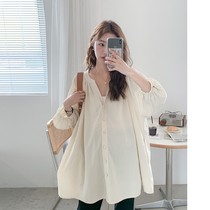 Maternity wear Korean style spring autumn and summer pure cotton loose large size lantern doll shirt V-neck shirt three-quarter long-sleeved top