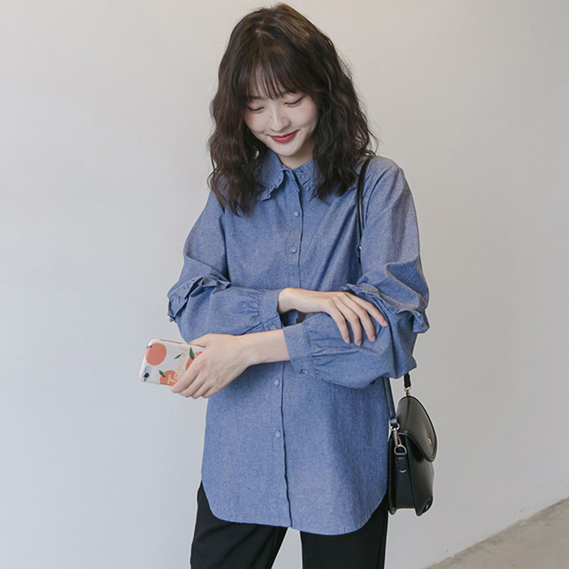 Maternity Spring Dress Korean Version Long Sleeve Top Sweet Fashion Denim Shirt Pregnancy Foreign Spring Maternity Shirt