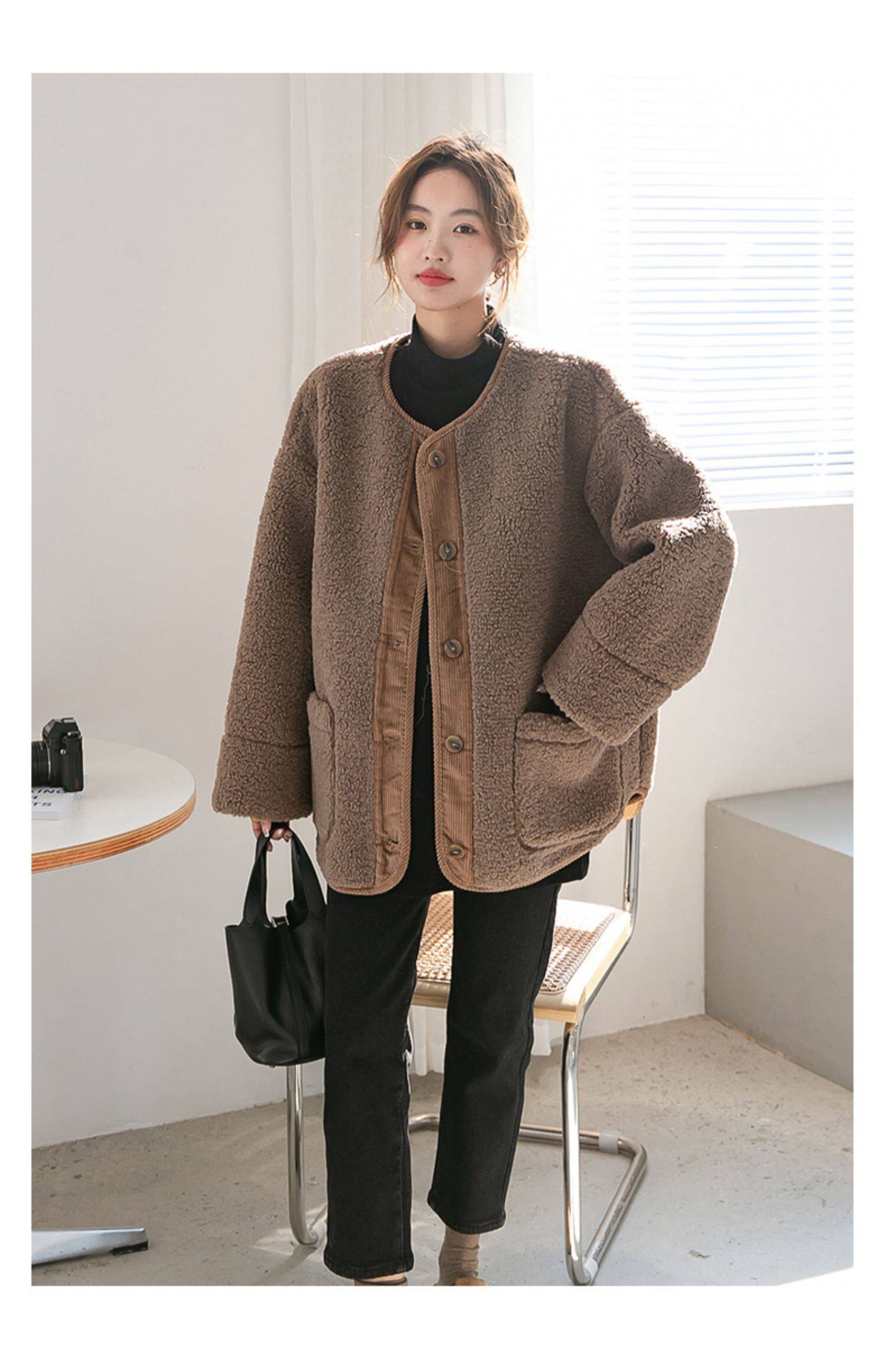 Пальто для беременных 孕妇装秋冬新款宽松大码遮肚显瘦无领羊羔毛保暖外套