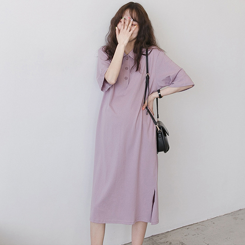 Pregnant women summer dress polo knee long dress dress dress summer T-shirt pure cotton can be lactating and relaxed Korean version