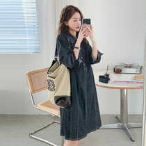 Maternity wear Korean style loose plus size spring and autumn casual black denim skirt mid-length over-the-knee shirt dress