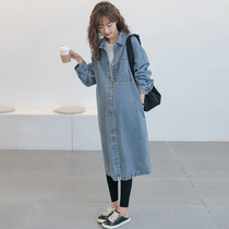 Maternity spring denim jacket long Korean style loose plus size trendy mom fashion shirt dress spring mid-length