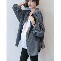 Maternity wear spring and autumn Korean style cardigan mid-length long-sleeved shirt denim cotton loose large size long-sleeved top jacket