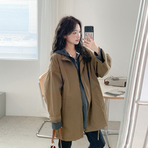 Maternity wear windbreaker cardigan workwear cotton mid-length coat Korean style loose hooded long-sleeved spring and autumn top