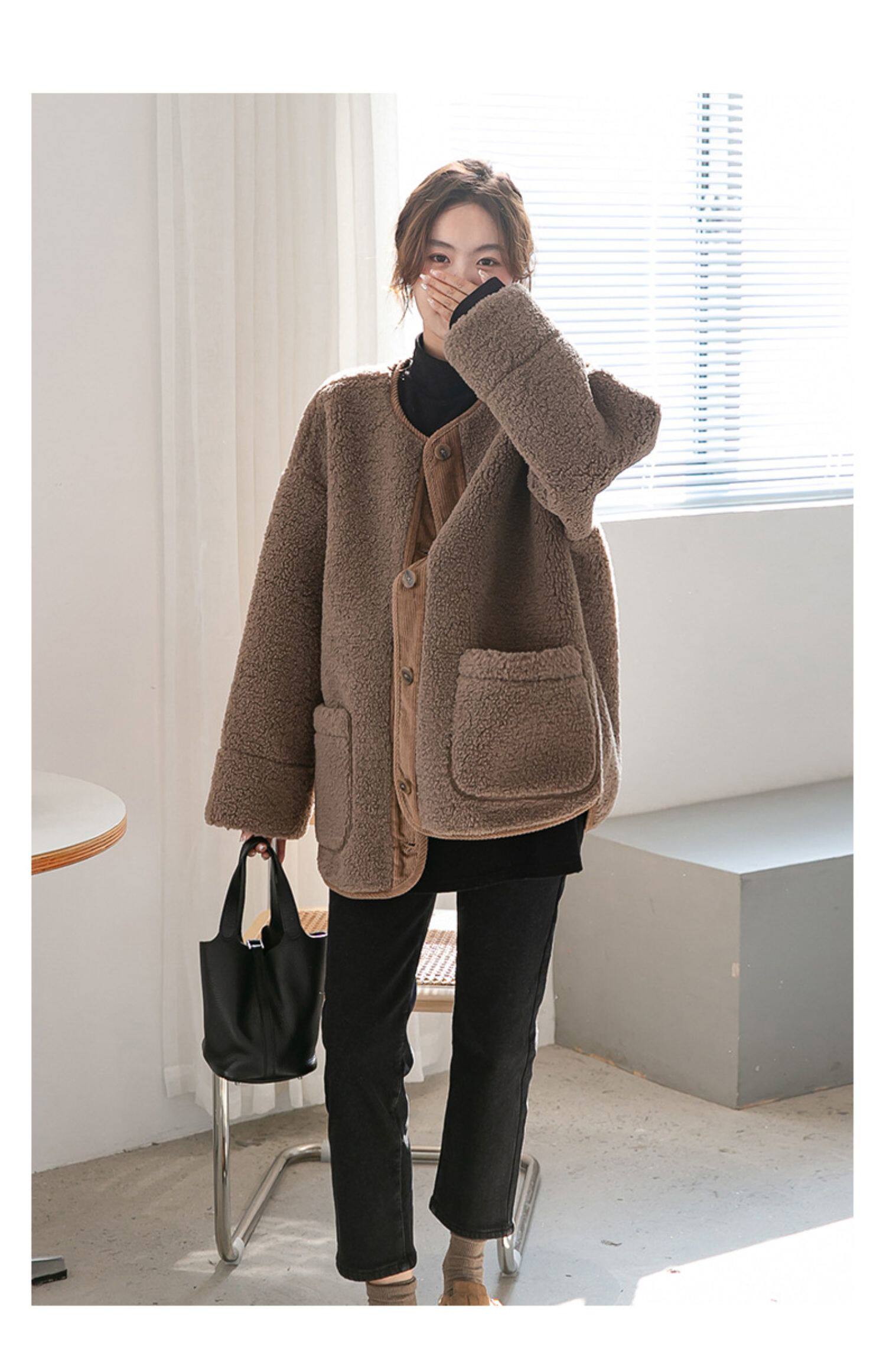 Пальто для беременных 孕妇装秋冬新款宽松大码遮肚显瘦无领羊羔毛保暖外套