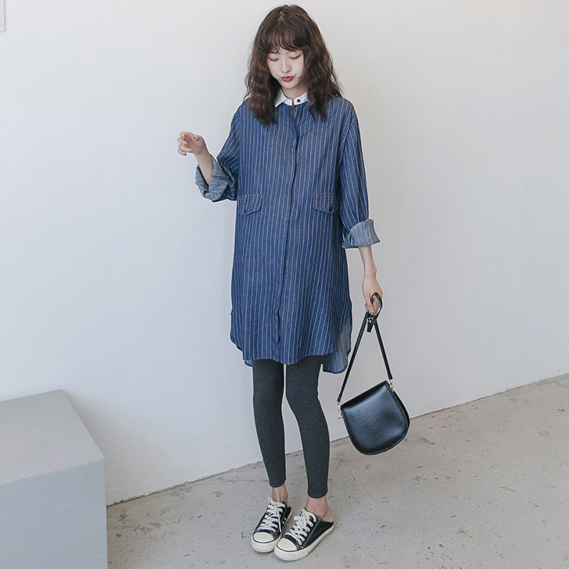 Maternity wear mid-length Korean version loose T-shirt jacket cotton striped shirt long-sleeved top spring and autumn dress