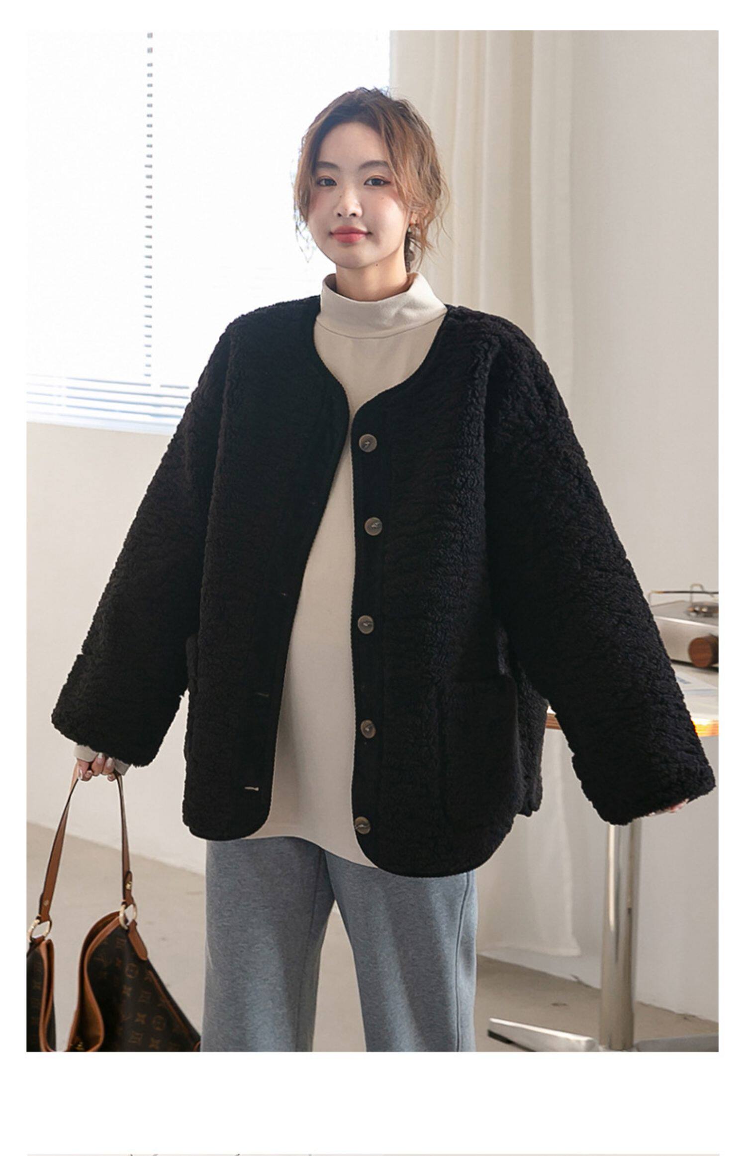 Пальто для беременных 孕妇装秋冬新款宽松大码遮肚显瘦无领羊羔毛保暖外套