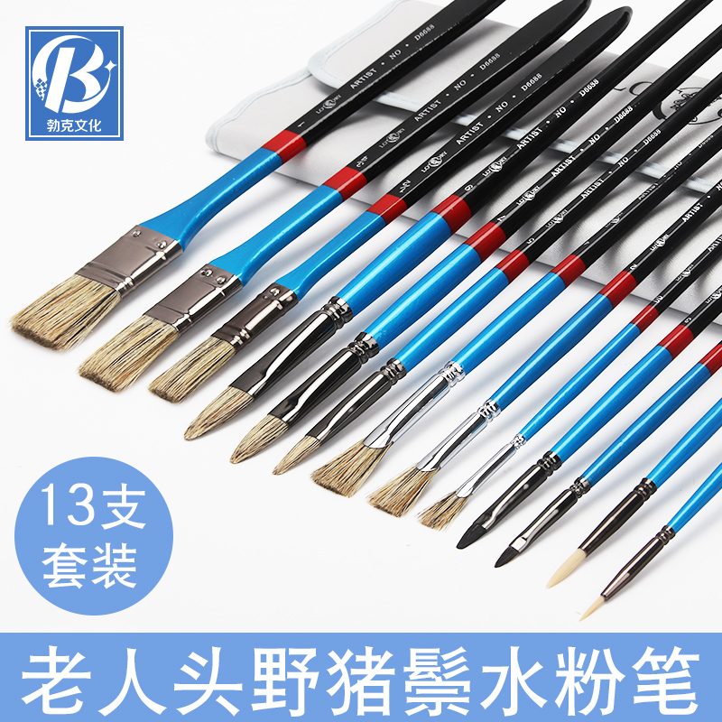 Old man's head high-grade 13-pack wild boar mane silver gouache brush set Art color oil painting watercolor fan-shaped hook line pen