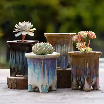 Retro coarse pottery breathable water absorption control basin large diameter kiln variable flow glaze fleshy flower pot splashing ink small high pile Jade dew basin
