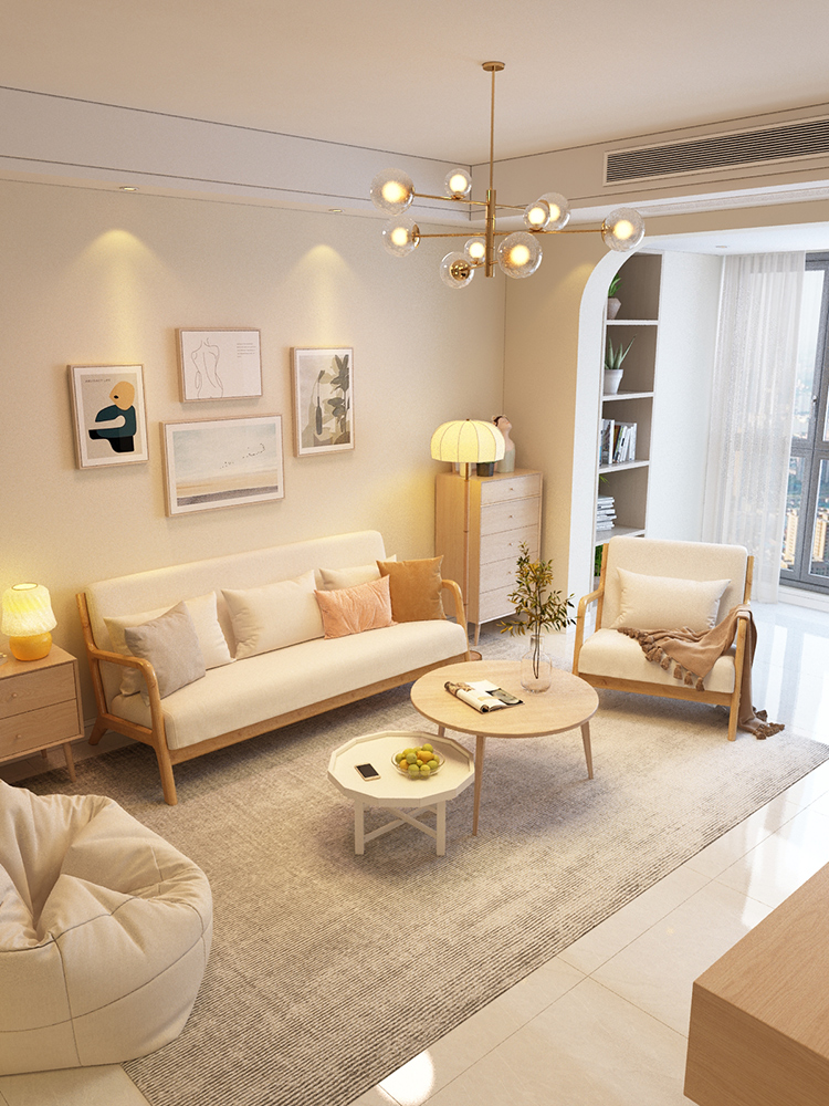 Log wind Japanese style fabric sofa small apartment living room Nordic modern minimalist single double three simple solid wood sofa