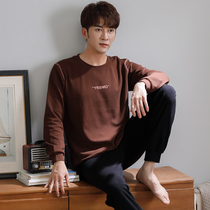 Mens pajamas spring and autumn pure cotton long sleeve home clothing round spring and autumn loose plus code suit wearing youth outside