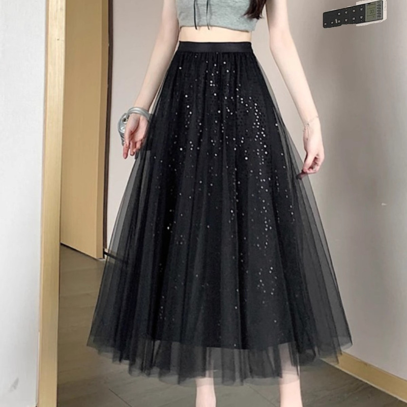 High-End Sequin Mesh Skirt for Women 2025 Spring and Summer New Style Drapey Gauze Skirt Covering the Hips with a Large Hem A-Line Long Skirt