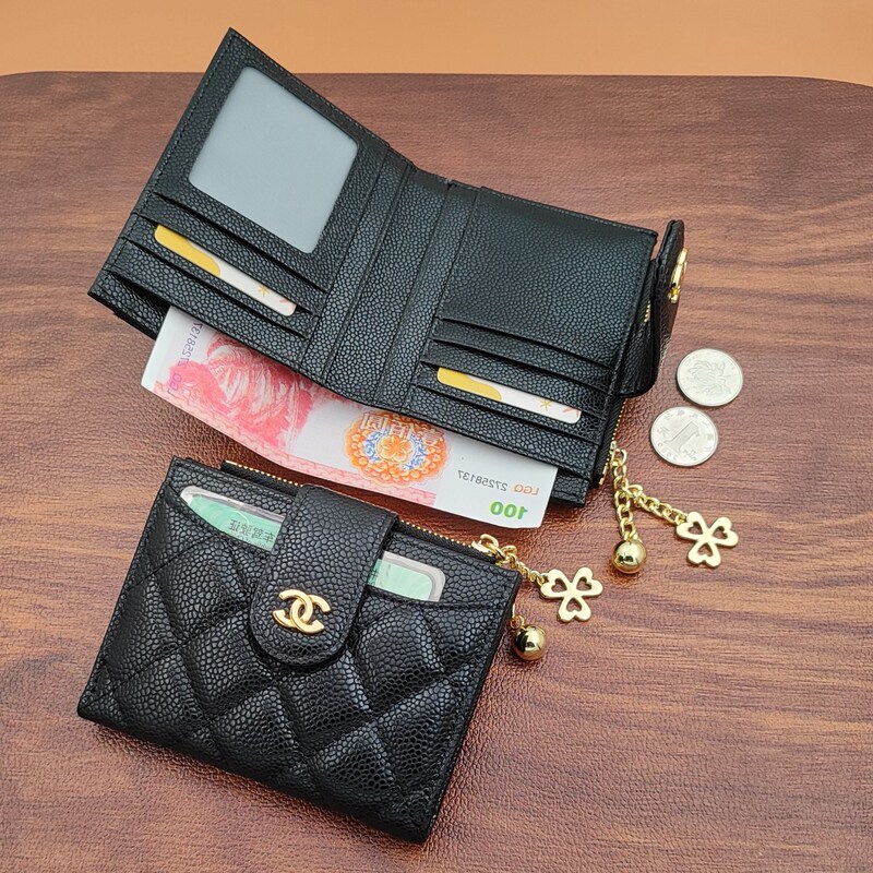Caviar-Patterned Wallet Card Holder for Women, 2026 New Model, Genuine Leather Short Wallet, High-End Compact and Elegant